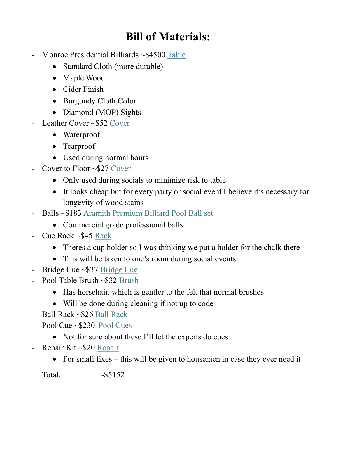 Bill of materials for the pool table room conversion