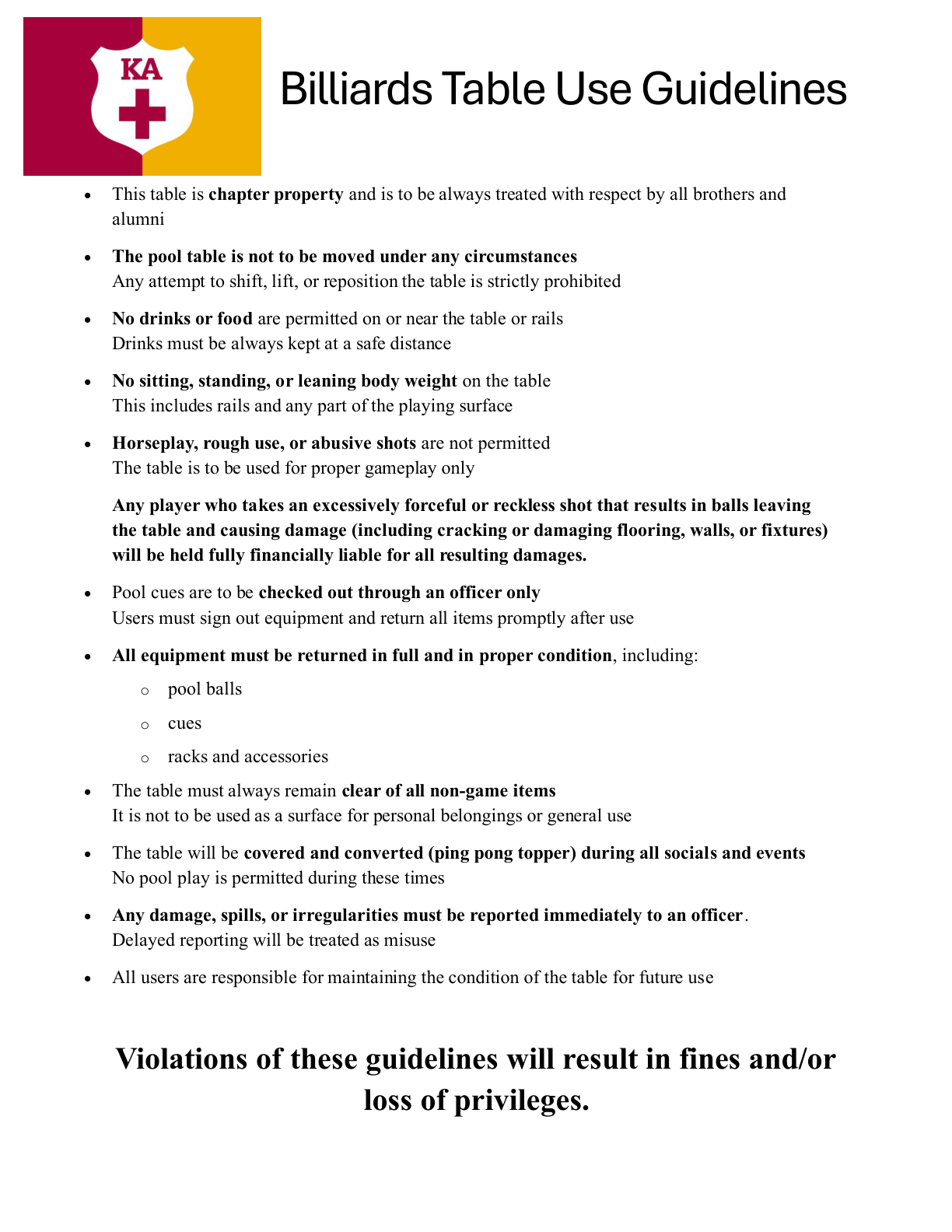Pool table use guidelines and rules