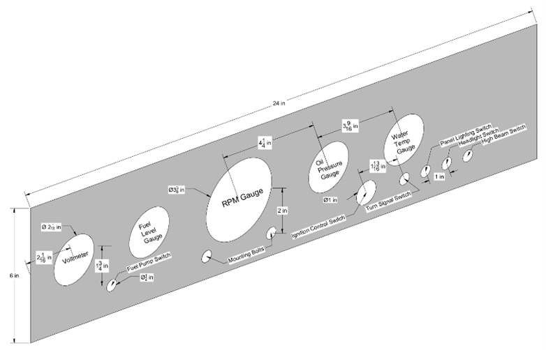 AutoCAD dashboard layout with gauge diameters and switch positions dimensioned
